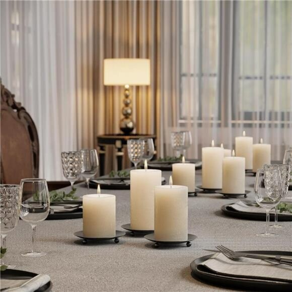 Set of 2 black metal pillar candle holders round candle plates for table decor - Picture 2 of 8